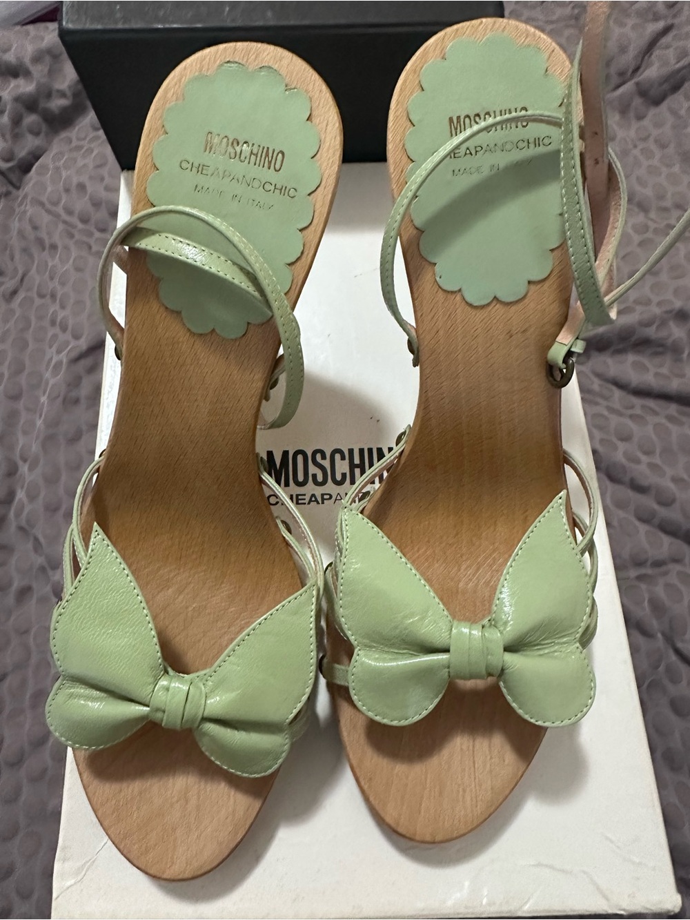 Moschino Green Bow Leather Wood Sandals Sz 9 39